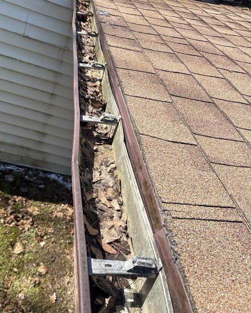 A gutter packed with leaves and debris along a shingled roof