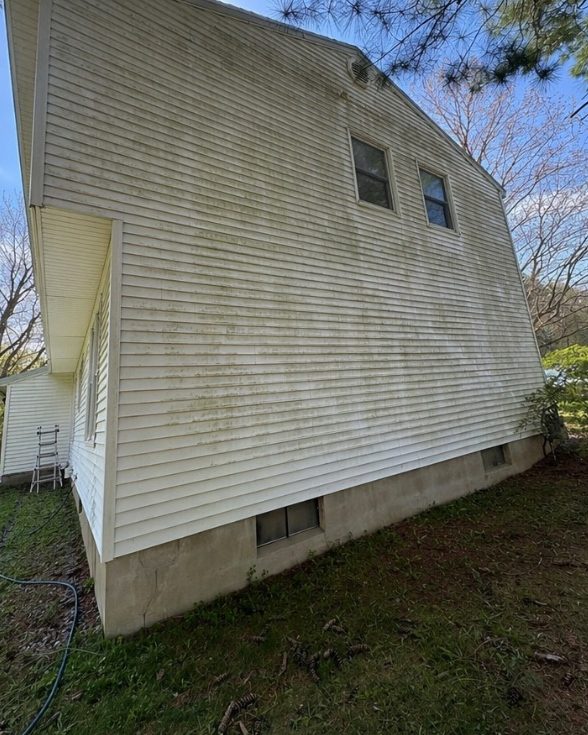 The side of a white house with grey-green grime on the siding