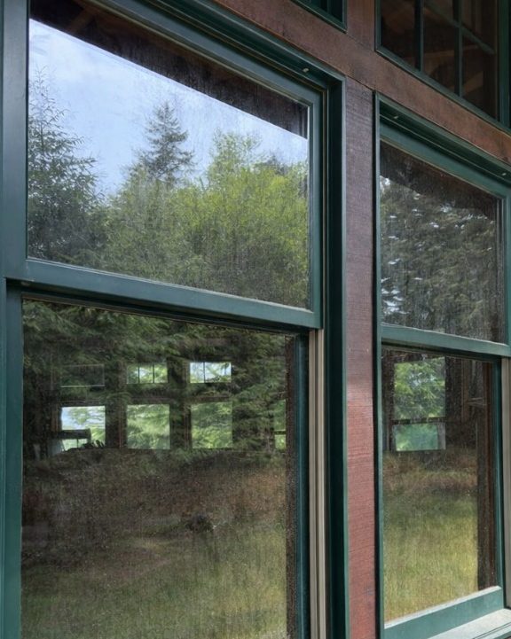 Windows with dark green frames, dull and dirty before cleaning